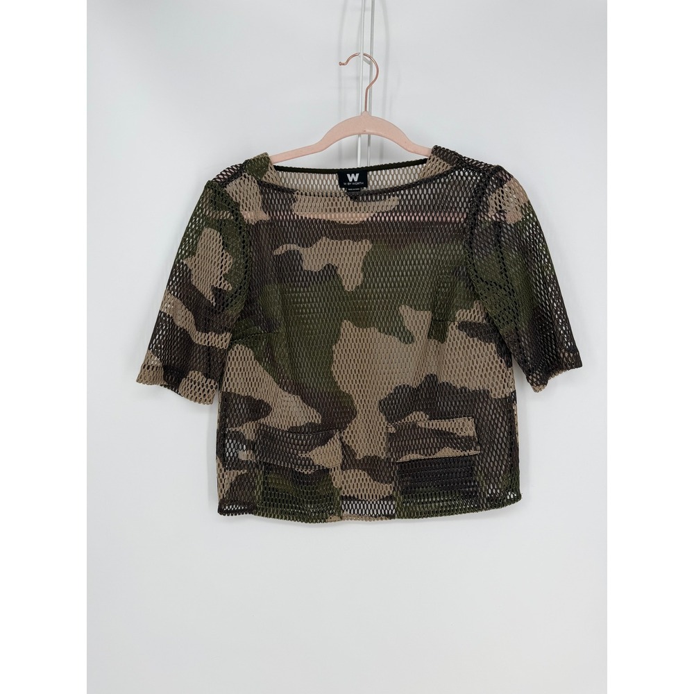 W by Worth Camo Mesh Top Womens 0 Green Camouflage Sheer Short Sleeve Gorpcore
